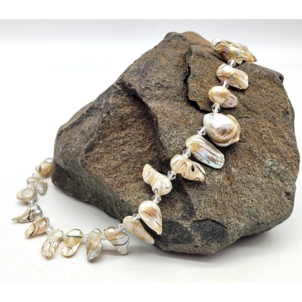 Artisan Oyster Shell Stripe Baroque Pearl Necklace Beach Coastal Island 19in